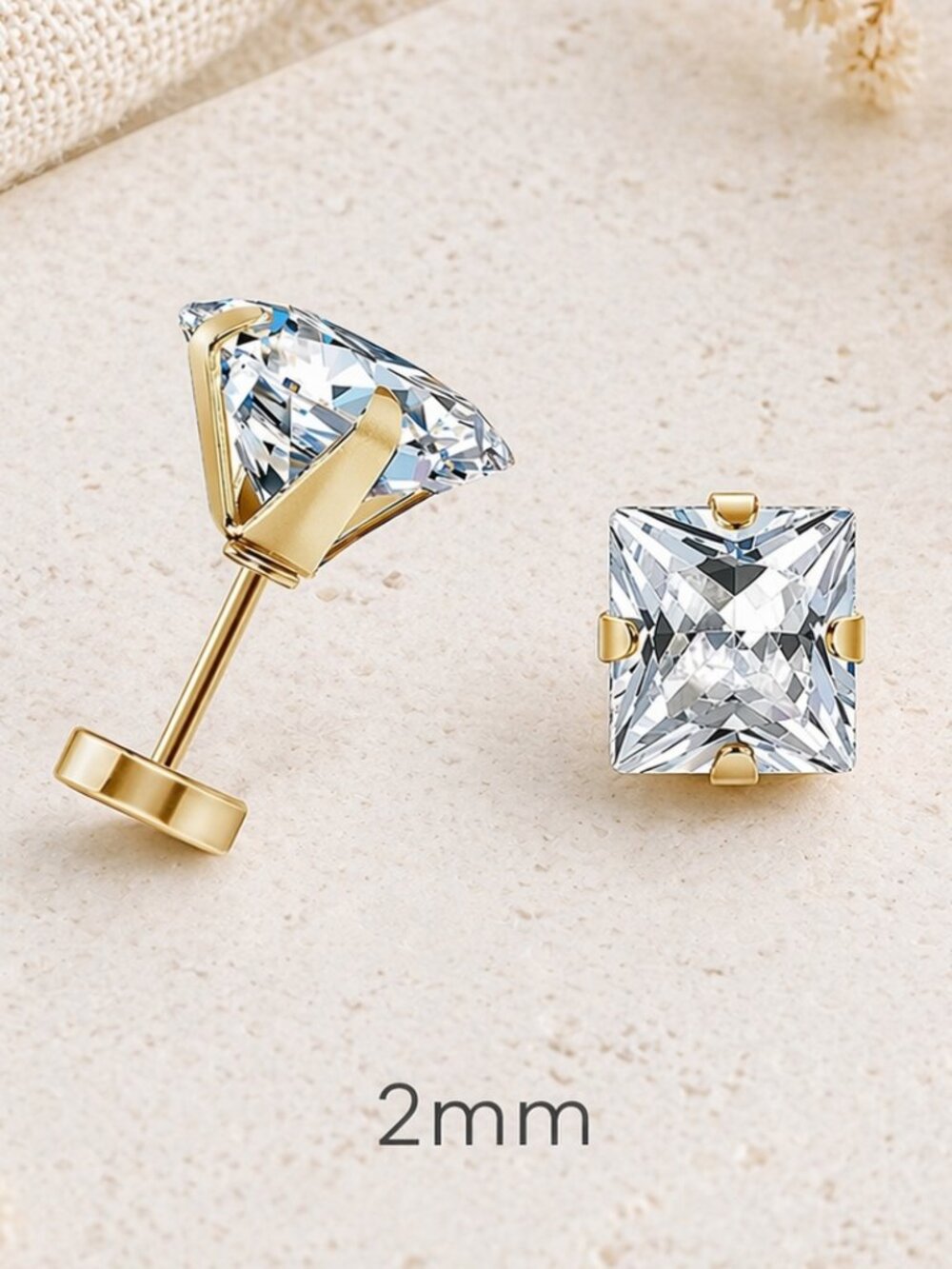 14kt Gold Plated 2mm Princess Cut Flat-Backs Earrings